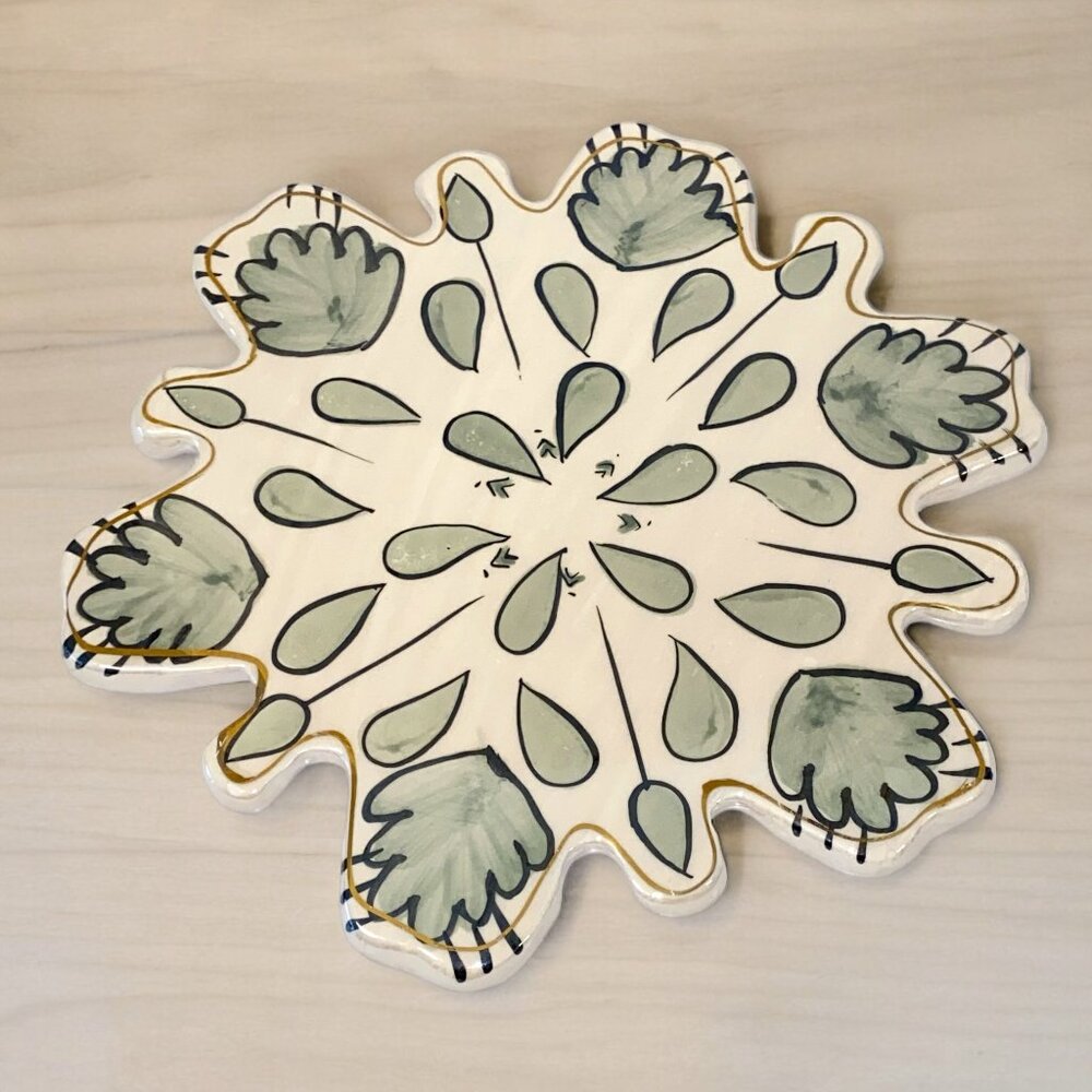 Ceramic Blue Sky Trivet Cream and Green Kitchen Snowflake Shape